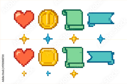 Pixelated game icons set featuring hearts, gold coins, scrolls, and banners for retro video games