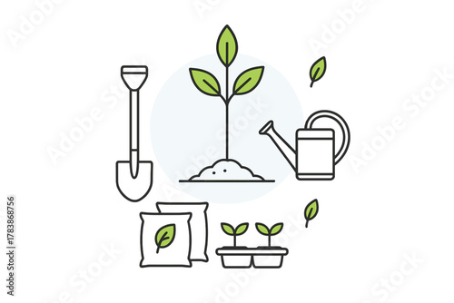 Set of essential gardening tools and planting supplies including shovel and watering can