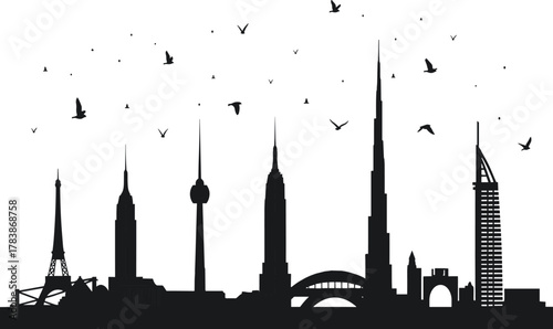 World landmark city skyline silhouettes, famous architecture vector illustration, global travel design, international buildings artwork, decorative stock graphic, urban culture theme