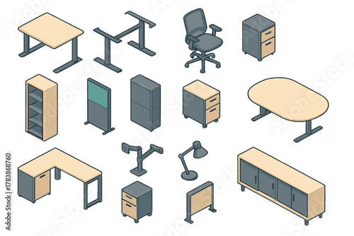 Modern isometric office furniture set with desks chairs and storage cabinets