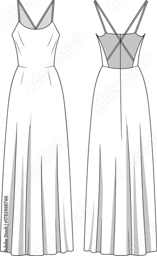 “Technical fashion illustration, sleeveless long dress sketch, fitted bodice garment drawing, flared skirt apparel design, V‑neckline clothing artwork, stock image”