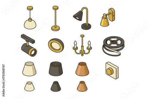 Isometric set of interior lighting fixtures, lampshades, floor lamps, and electrical accessories