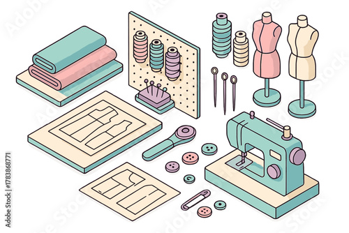 Isometric collection of sewing and tailoring equipment including fabric, sewing machine, mannequins, and patterns