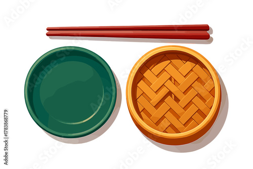 Green plate, bamboo steamer basket, and red chopsticks serving set for Asian cuisine