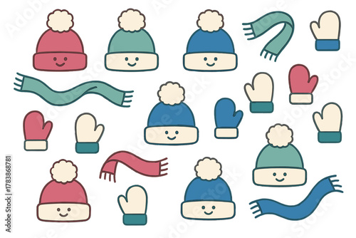 Smiling beanies, warm scarves, and cozy mittens forming a winter accessories background