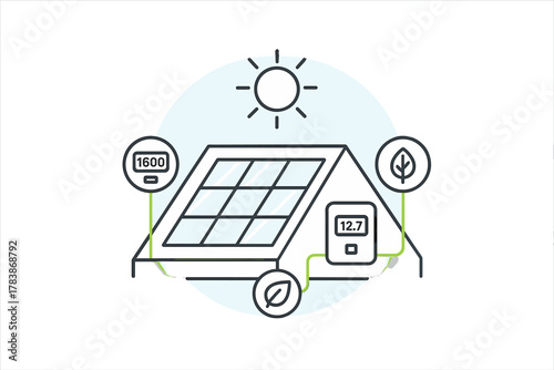 Solar panel energy monitoring system showing power output and sustainability indicators
