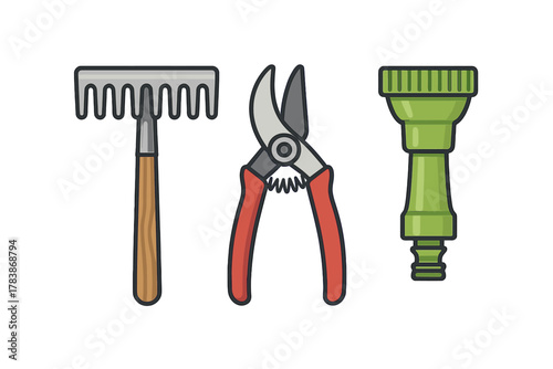 Set of essential garden maintenance tools including rake, shears, and hose nozzle