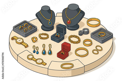 Luxury gold jewelry collection display featuring rings necklaces bracelets and watches