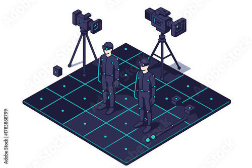 Professional motion capture stage with actors and infrared tracking cameras