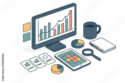 Isometric desktop workspace with computer monitor showing business growth charts and analytical tools