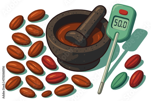 Raw cocoa beans surrounding a dark stone mortar and pestle used for grinding with a digital food thermometer