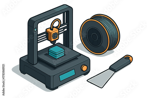 Modern 3D printer setup with filament spool and scraper tool for rapid prototyping