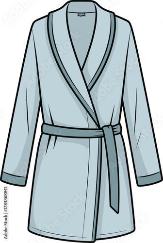 Light blue bathrobe illustration, shawl collar design, long sleeves, waist belt, soft fabric, loungewear garment sketch, front and back view