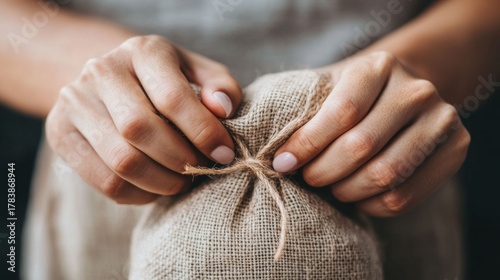 Hands tie a burlap bag to promote eco-friendly living in a sustainable lifestyle