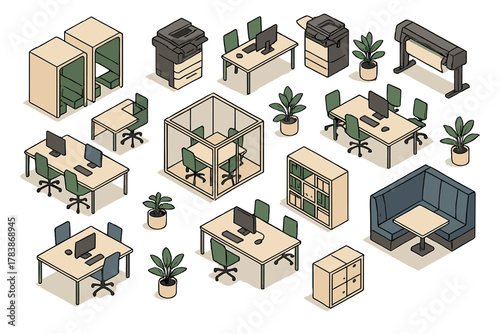 Isometric office furniture and equipment elements for modern workspace design collection