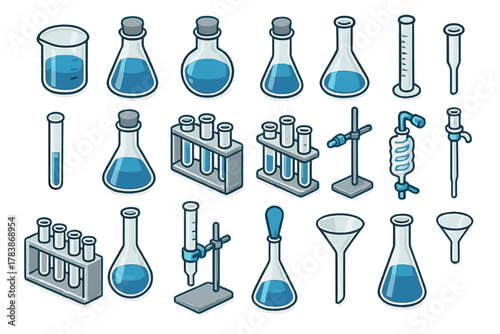 Isometric collection of essential chemistry lab equipment: flasks, test tubes, and measuring cylinders
