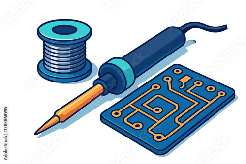 Isometric view of essential electronic repair tools including a soldering iron, solder spool, and circuit board