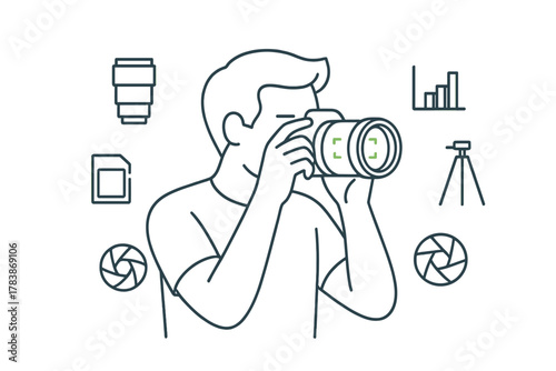 Male photographer holding camera surrounded by icons of lenses, memory cards, tripods, and aperture