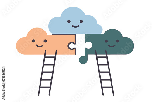 Successful integration of three happy cloud shapes connected by a central puzzle piece and access ladders