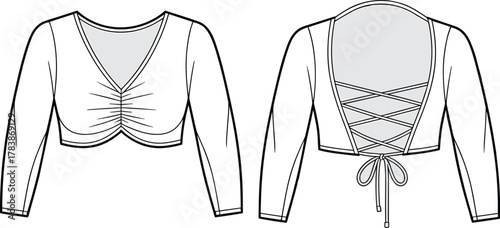 Women’s cropped top illustration, deep V‑neckline, ruched bust detail, lace‑up back, long sleeves, technical garment sketch, front and back view