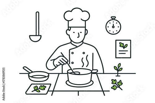 Professional chef stirring hot soup in a cooking pot on a kitchen stovetop