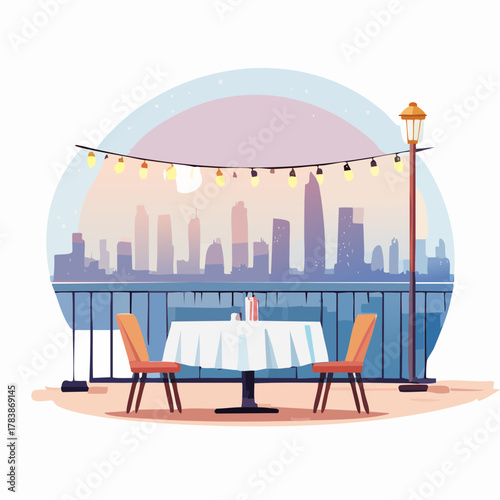 Outdoor dining table set for two on a balcony overlooking a city skyline at sunset with string lights and a lamppost warm ambient lighting