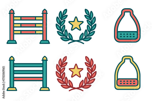 Colorful equestrian sport symbols showing jumping hurdles, laurel wreaths, and stirrups