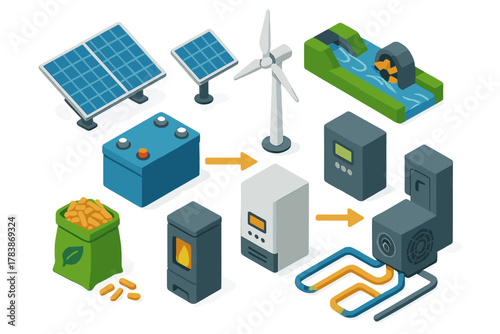 Isometric renewable energy system showing solar, wind, hydro power, biomass heating, and battery storage