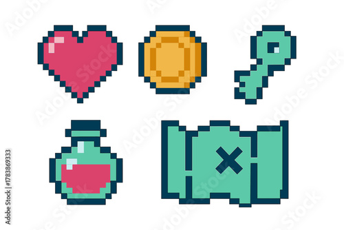 Collection of retro pixel game items including heart, coin, key, potion, and map symbols