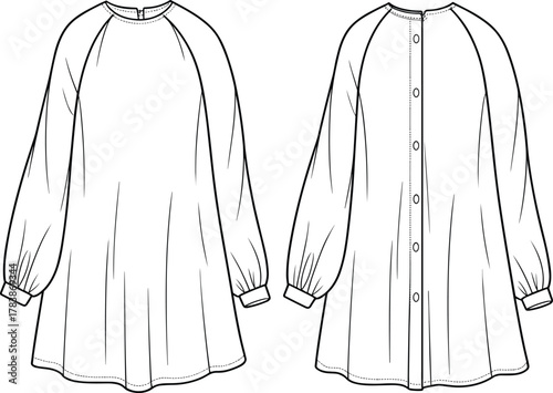 Women’s tunic dress illustration, raglan sleeve design, round neckline, flared silhouette, button back closure, technical garment sketch, front and back view