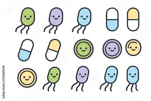 Adorable cartoon bacteria germs and medicine pills characters with smiling faces