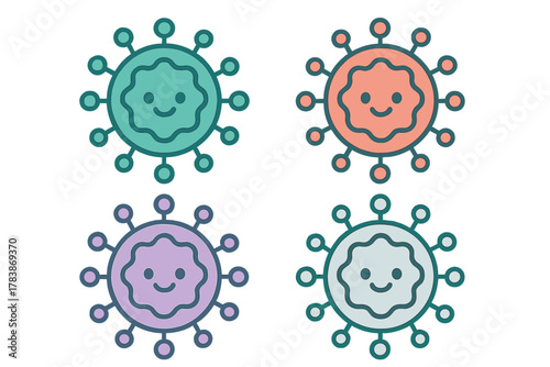 Set of four cute colorful smiling microbe icons representing germs and bacteria