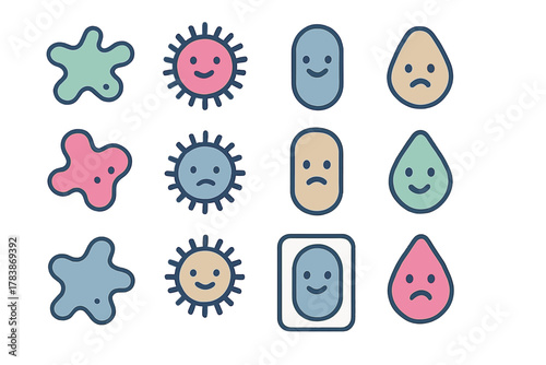 Stylized collection of abstract biological shapes, droplets, and capsules showing happy and sad faces