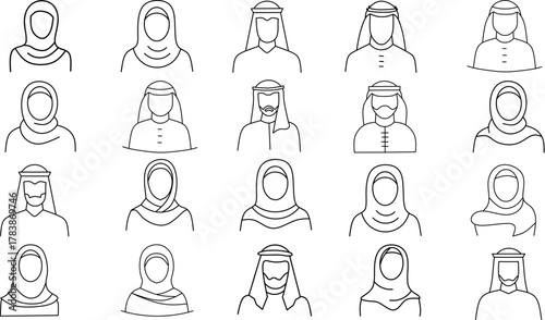Saudi People Line Icon Set – Traditional and Modern Characters, Vector Illustration, Transparent Background editable line