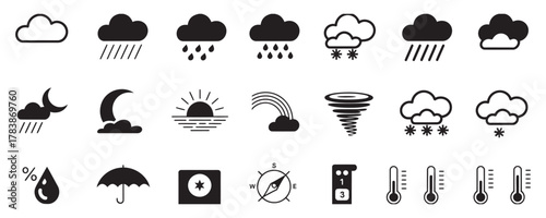 Weather forecast icons for your next design project: cloud, rain, sun, compass, tornado, thermometer, and more weather elements for web or print