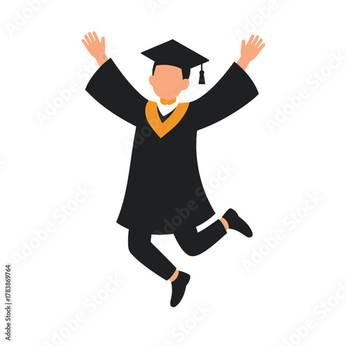 A joyful graduate student in a black cap and gown jumping with arms raised in celebration.