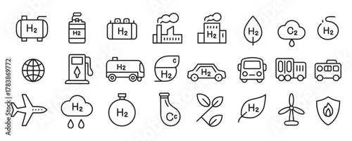 Explore hydrogen energy icons for clean power solutions in transportation, industry, and sustainable living projects with this versatile collection