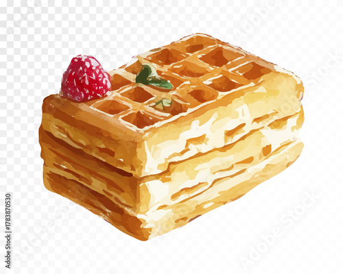 Watercolor illustration of waffles with raspberry and green leaf, delicious hand-painted breakfast dessert clipart for cafe design, bakery decor, and kitchen art. Vector illustration.