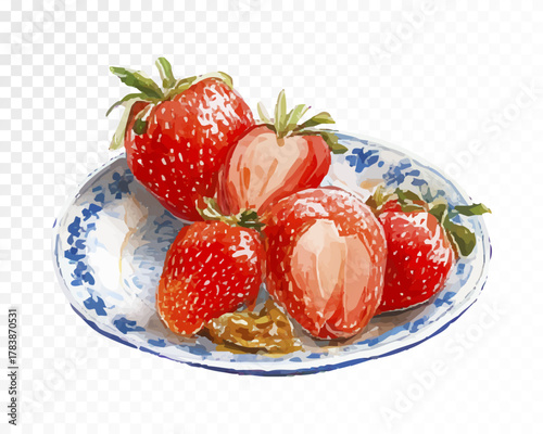 Watercolor illustration of fresh strawberries on a decorative plate, hand-painted fruit clipart for breakfast design, kitchen decor, cafe artwork, and summer food projects. Vector illustration.