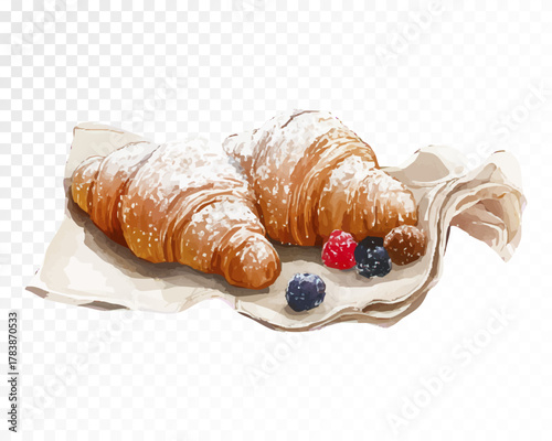 Watercolor illustration of croissants with powdered sugar and berries on napkin, hand-painted breakfast pastry clipart for cafe design, bakery decor, and kitchen art. Vector illustration.