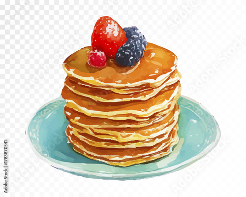 Watercolor illustration of pancakes with berries on blue plate, delicious hand-painted breakfast food clipart for cafe design, brunch decor, bakery art, and kitchen projects. Vector illustration.