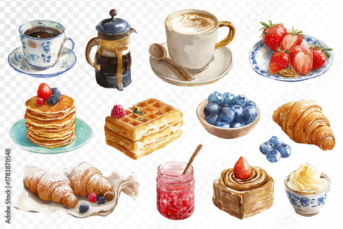 Watercolor breakfast clipart set with coffee, croissants, pancakes, waffles, berries, jam, and French press, cozy hand-painted food collection for cafe decor and kitchen design. Vector illustration.