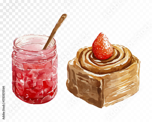 Watercolor illustration of strawberry jam jar and pastry roll with berry topping, hand-painted breakfast dessert clipart for cafe design, bakery decor, and kitchen art. Vector illustration.