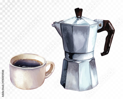 Watercolor illustration of moka pot and coffee cup, hand-painted Italian espresso maker clipart for cafe design, barista art, breakfast decor, and kitchen projects. Vector illustration.