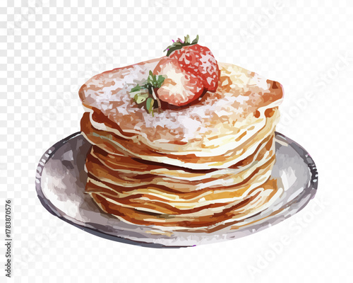 Watercolor illustration of pancakes with strawberry and powdered sugar on plate, delicious hand-painted breakfast food clipart for cafe design, bakery decor, and kitchen art. Vector illustration.