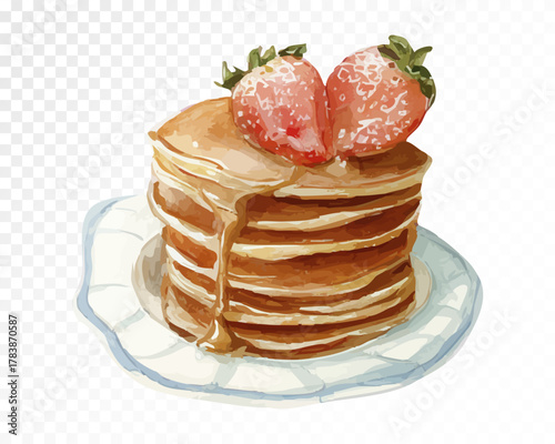 Watercolor illustration of pancakes with strawberries and syrup on plate, hand-painted breakfast dessert clipart for cafe design, bakery decor, and cozy kitchen art. Vector illustration.