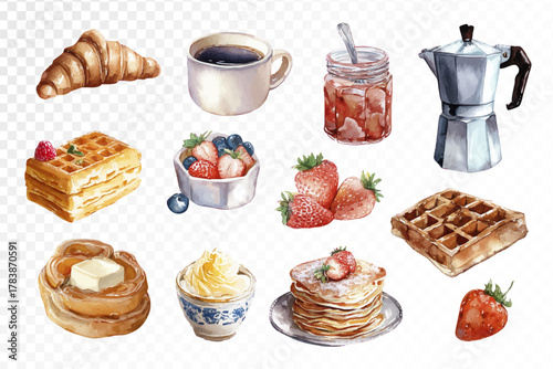 Watercolor breakfast food set with coffee, croissant, waffles, pancakes, berries, jam, butter, cream, moka pot, and fruits, hand-painted morning clipart for cafe design and kitchen decor. Vector illus