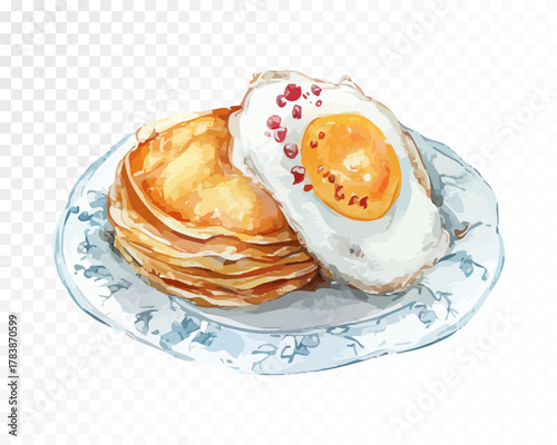Watercolor illustration of pancakes with fried egg on blue plate, cozy hand-painted breakfast food clipart for cafe design, kitchen decor, brunch art, and restaurant projects. Vector illustration.
