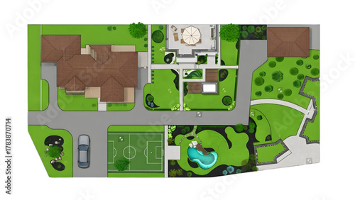 Residential Property Top-Down Vector Illustration – House, Garage, Garden, Pool, Patio, Lawn, Landscaping, Architectural Plan