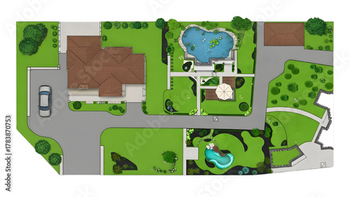 Suburban Residential Top-Down Vector Illustration – House, Pools, Garden, Patio, Driveway, Lawn, Architectural Layout